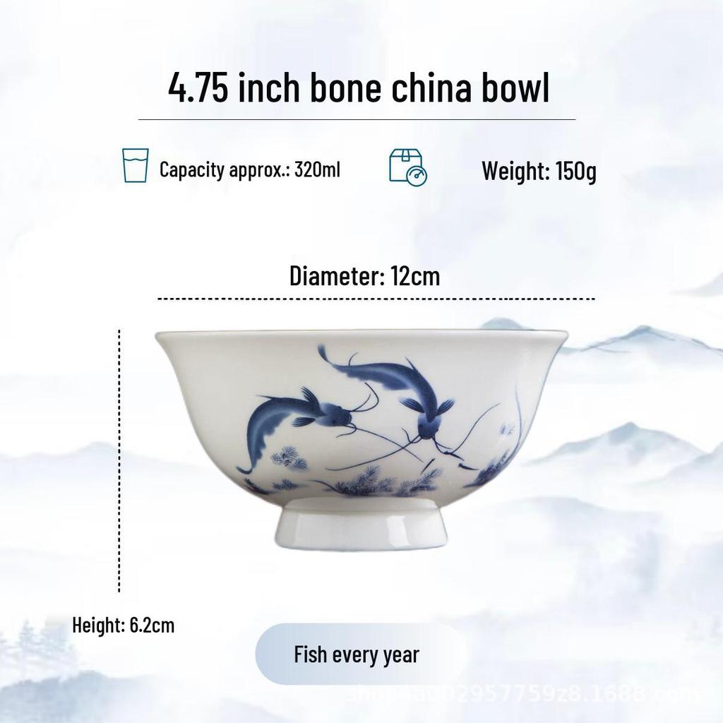 Blue and White High-Foot Bone China Noodle Bowl - Chinese-Style, Anti-Scald, Customizable for Birthdays