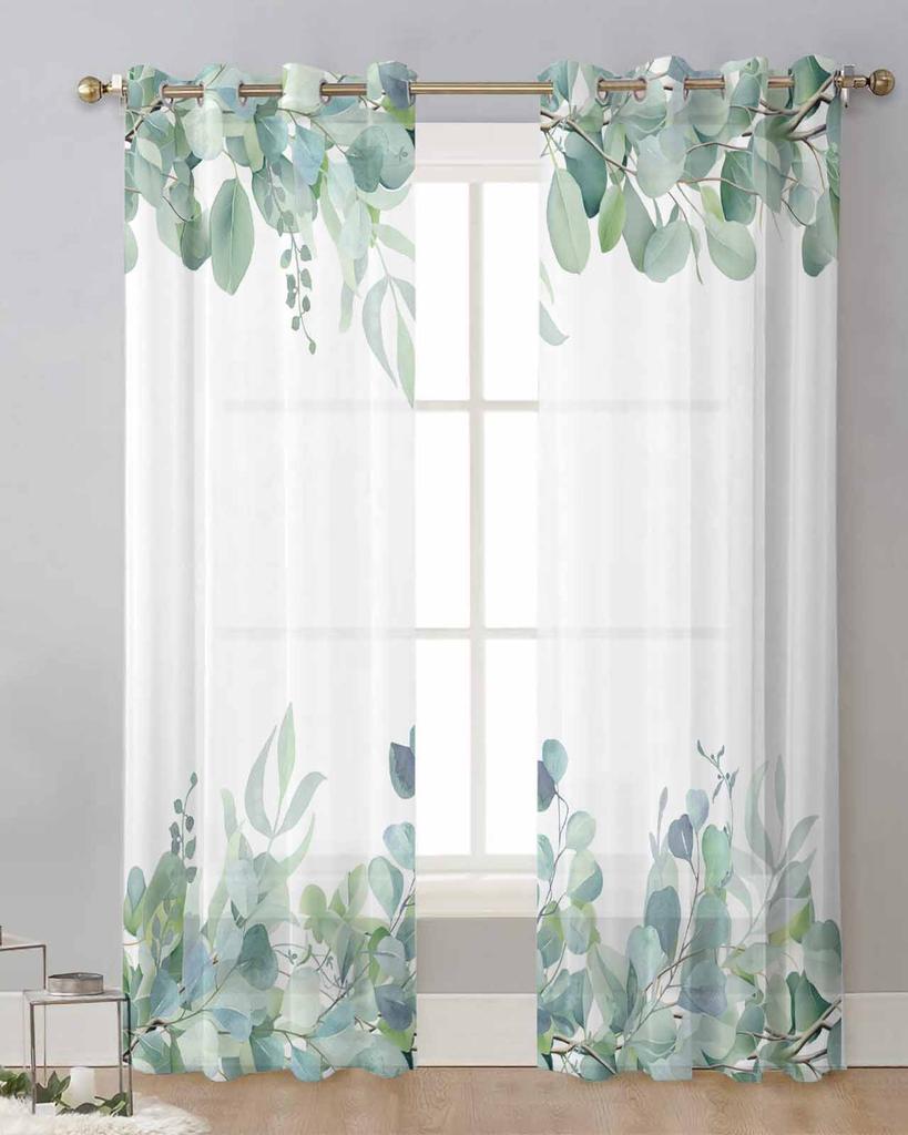 Spring Watercolor Plant Eucalyptus Leaves Sheer Curtains for Living Room Decoration Window Curtains Kitchen Tulle Voile Curtains