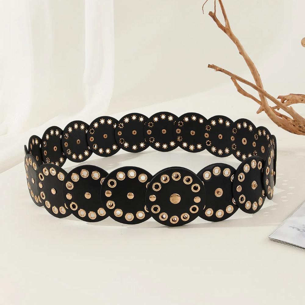 Retro Rivet Wide Belt Y2k Concho Waistband Fashion Disc PU Hollow Belt  Girls