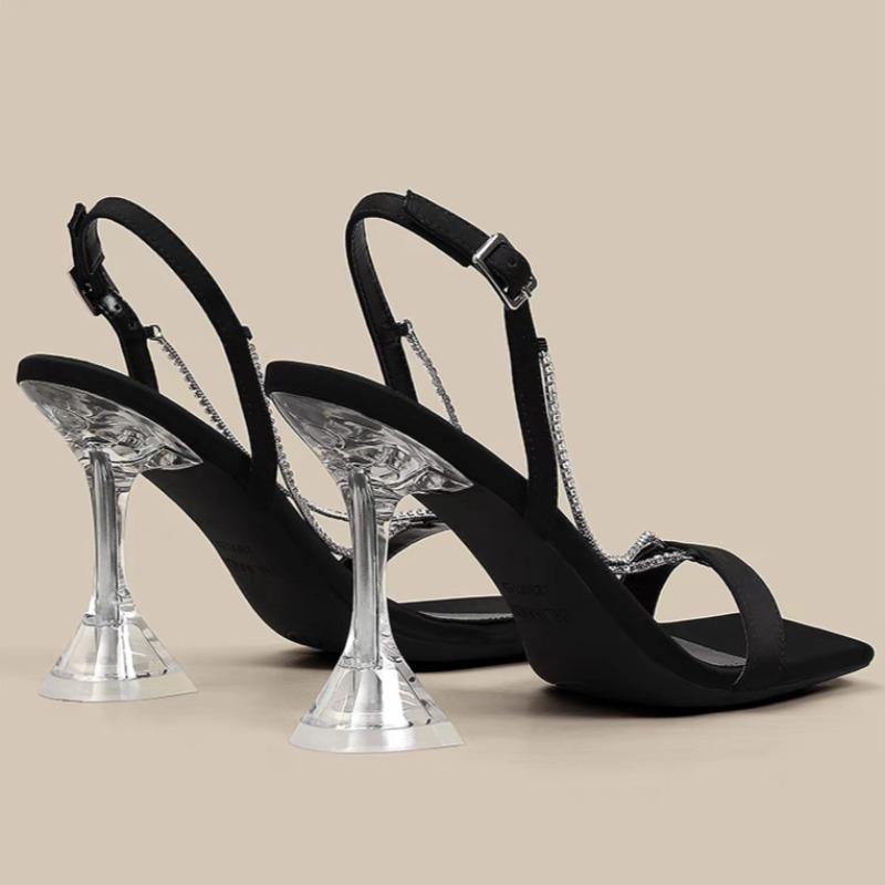 Fashion Sandals Summer New Square Head Open Toe Suede Crystal Metal Chain Metal One-button Non-slip Wear-resistant High Heels