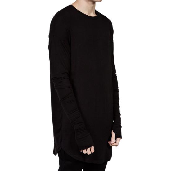 

Men T-shirt Solid Color Irregular Bottom Round Neck Long Shirt with Gloves for Daily Wear M чорний