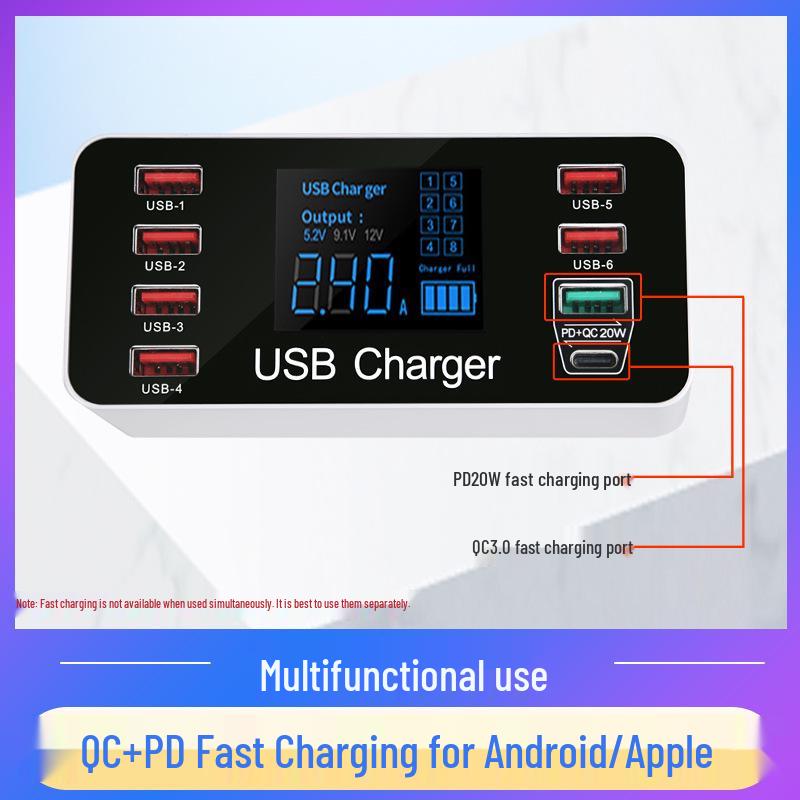 8-Port USB Charger QC3.0 Fast Charging with Smart Display & PD20W for Phones & Tablets