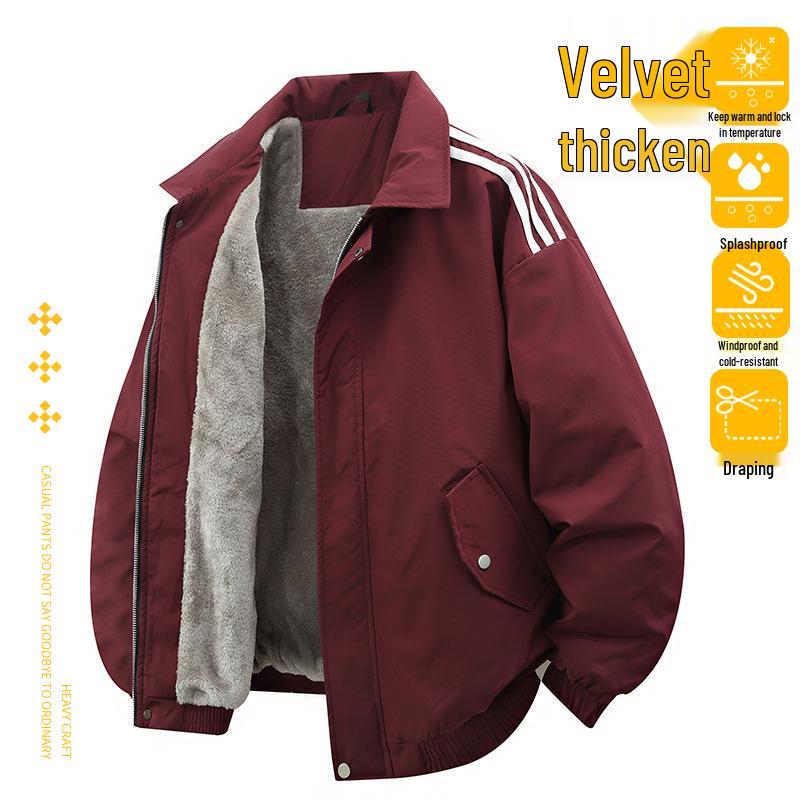 Nowa Męska Unisex Amerykański Styl Kurtka Casual z Klapami i Trzema Paskami z Pluszowym Podszyciem