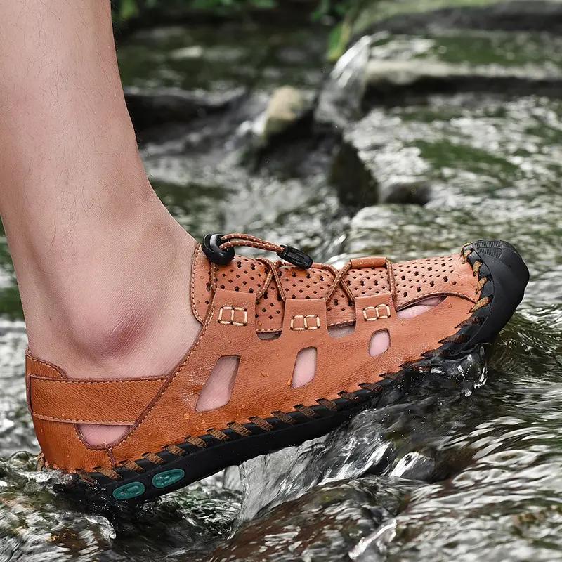 Summer Men's Hollow Leather Beach Sandals Closed Toe Slippers For Men Flip Flops Outdoor Casual Beach Shoe Wide Big Size
