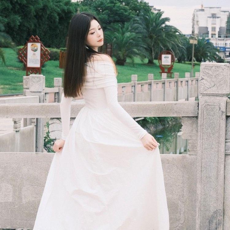 Women's White One-Shoulder Knit Dress, A-Line Long Sleeve, Pure Desire Style for Autumn 2026