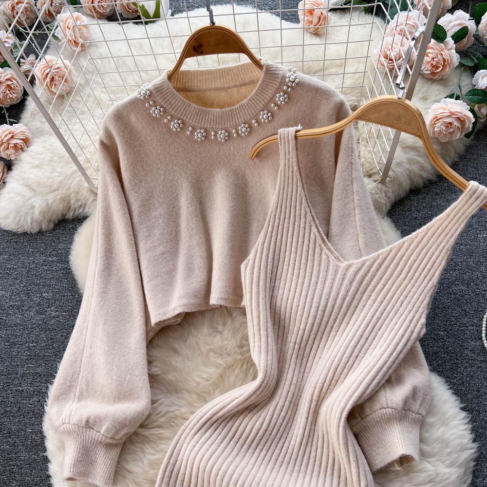 New Autumn Vintage Knitted Sweater Two Piece Set Beading Pullover Top And Spaghetti Strap V-neck Sheath Bodycon Dresses Suit