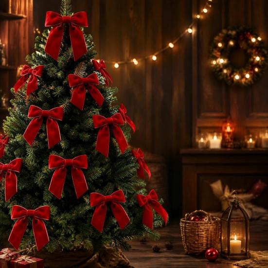 Easy Fix Bows with Cable Ties 10Pcs Velvet Christmas Bows, 11x12.5cm Large Ribbon Ornament Built-in Tie Decorative for Tree Xmas And Wreath Gift Box,