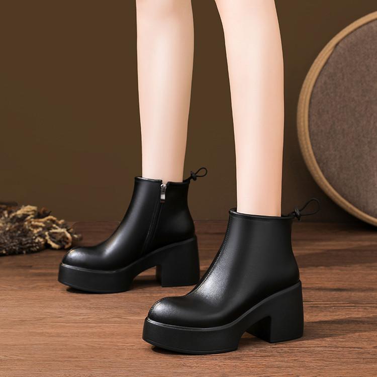Leather Platform Martin Boots Women's 2025 New Autumn and Winter Velvet Small Thick Heel Short Boots Women's High Heel Cigarette Boots