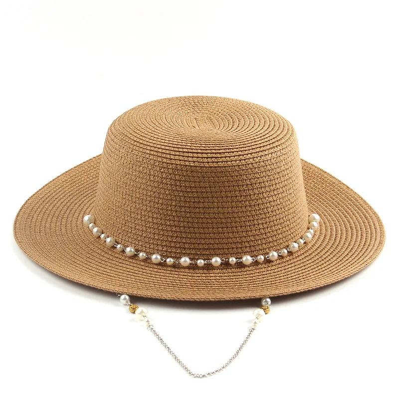 Women Summer UV Protection Straw Sun Hat Wide Brim Korean Style Pearl Decor Beach Foldable Travel Elegant Lightweight