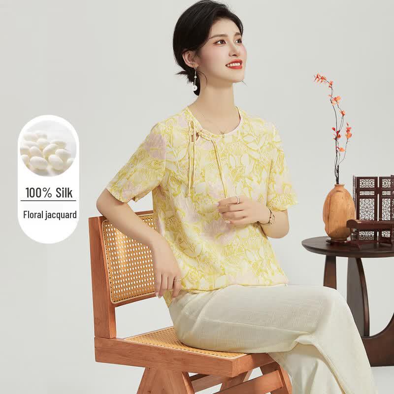 Chinese Style 100% Mulberry Silk Jacquard Short Sleeve T-shirt XXXL