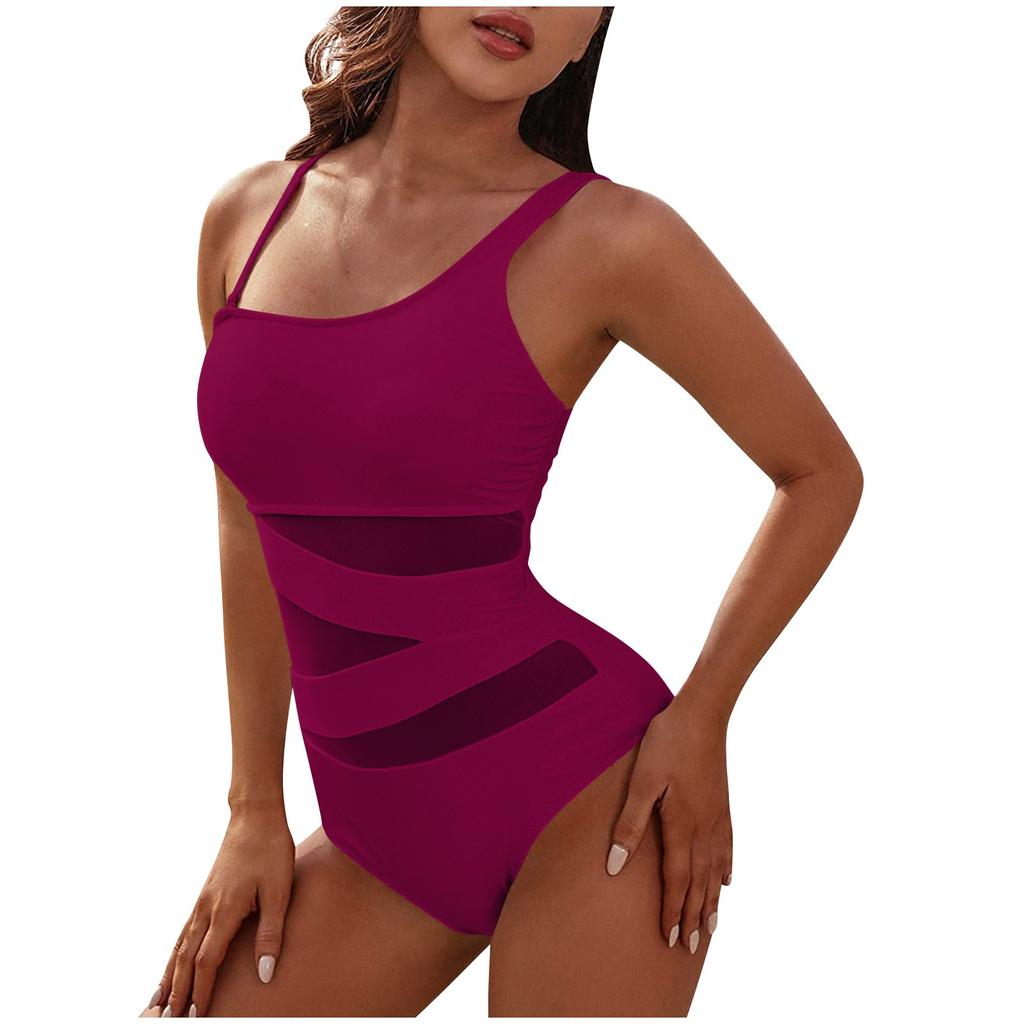 Women's Fashion Splicing Mesh Spaghetti Straps Bikini Swimsuit With Slanted Shoulder
