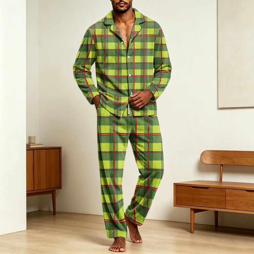 Men's Corduroy Pajama Set - Printed Button Collar Long Sleeve Loose Fit Casual Sleepwear
