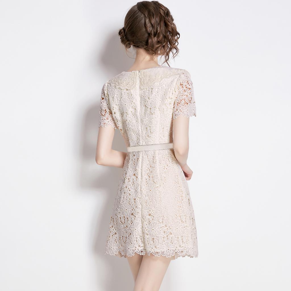 2024 Summer New Arrive Women Lace Mini Dress Suqare Collor Short Sleeve Hollow Out Sexy Female Party White Dress With Belt