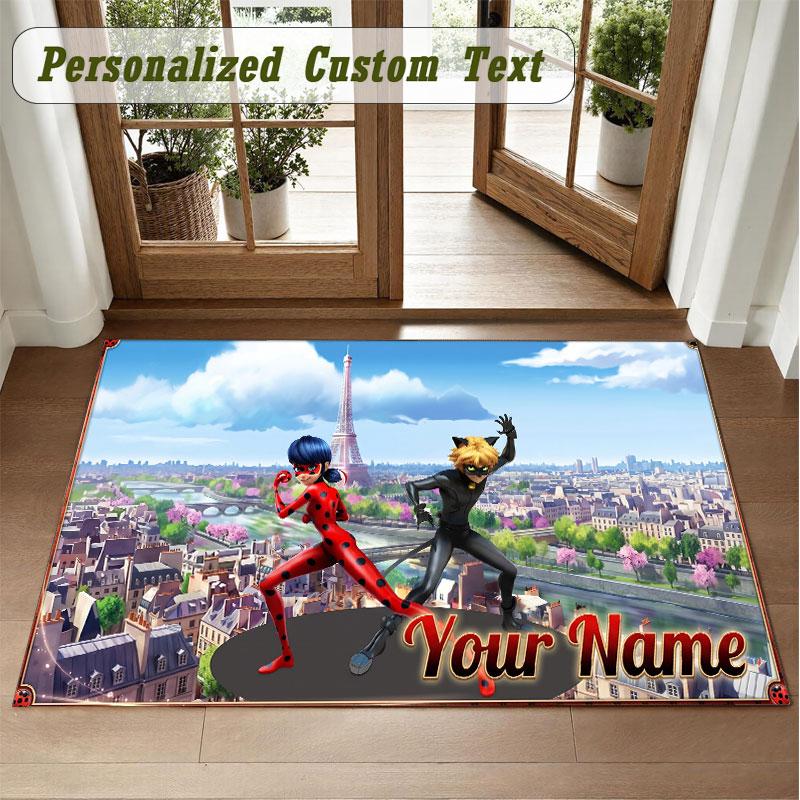 Crystal Velvet Square Rug Custom NameMiraculous Ladybug Pattern Non Slip Home Floor Decor Rug