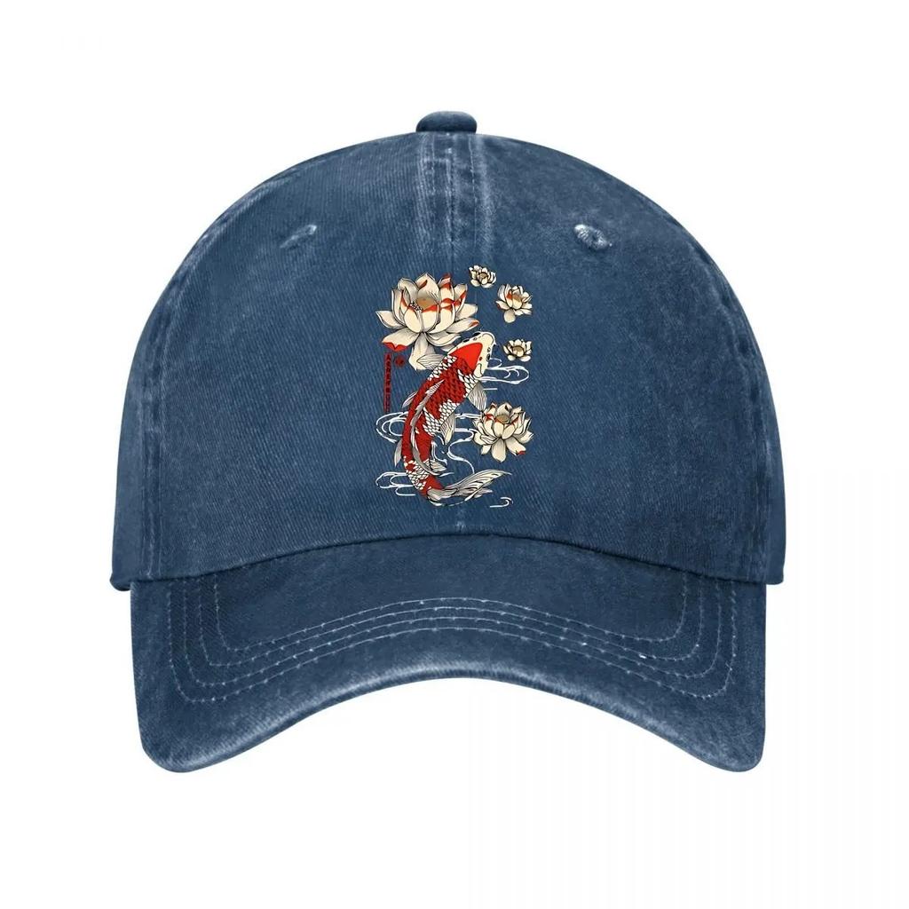 Koi-Fisch Lotus Grafik Gewaschene Baumwolle Baseballkappe Verstellbar Streetwear Hut