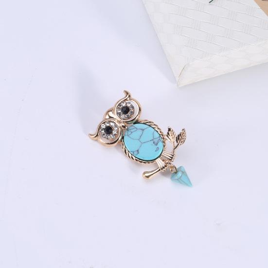 Broche Rétro Hibou En Relief, Or Avec Cabochon Turquoise - Occasion Bon état