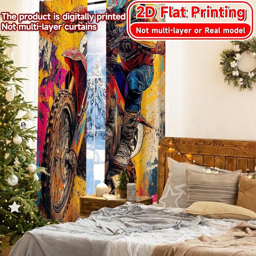 Set Of 2 Flat Printing Dynamic Rider Chic Curtains Polyester Easy Install Home Decor Perfect Digital Living Curtain