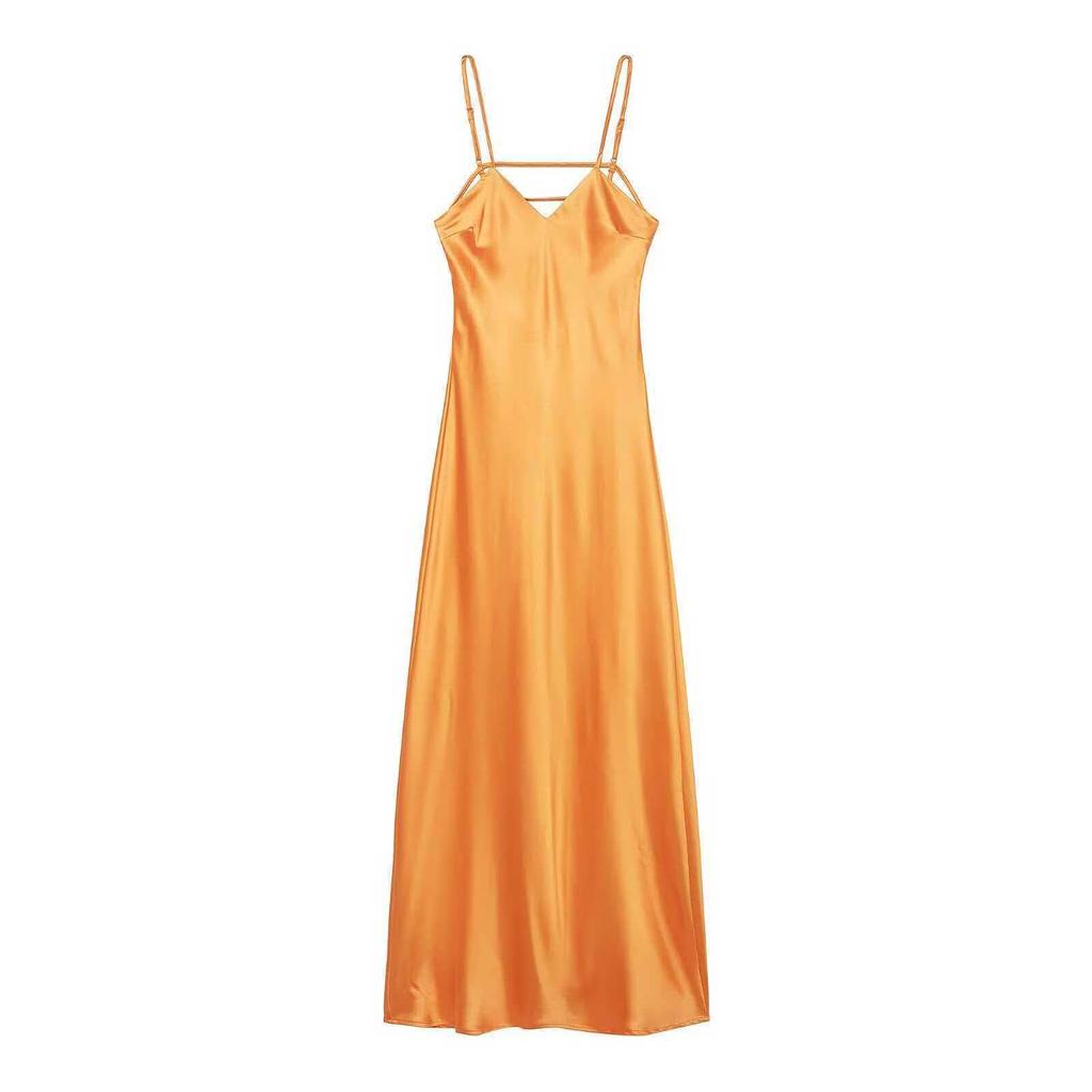 European Women's Fashion: Silk Satin Midi Slip Dress with Decorative Style