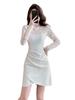 Elegant Lace Patchwork Semi-High Neck Dress: Waist-Cinching, Hip-Hugging Short Skirt