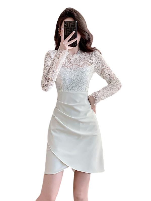 Elegant Lace Patchwork Semi-High Neck Dress: Waist-Cinching, Hip-Hugging Short Skirt
