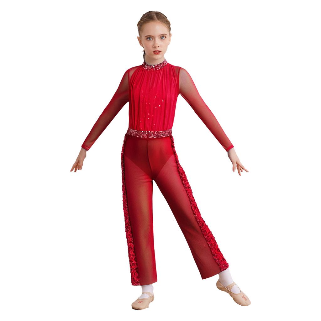 Κοριτσίστικο Κοστούμι Παγοδρομίας Sparkle Στρας Διχτυωτό Ολόσωμο Κολάν Ελαστική Μέση Φαρδιά Παντελόνα