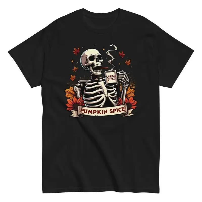 Funny Skeleton Drinking Pumpkin Spice T Shirt Halloween Skull with Latte Spooky S