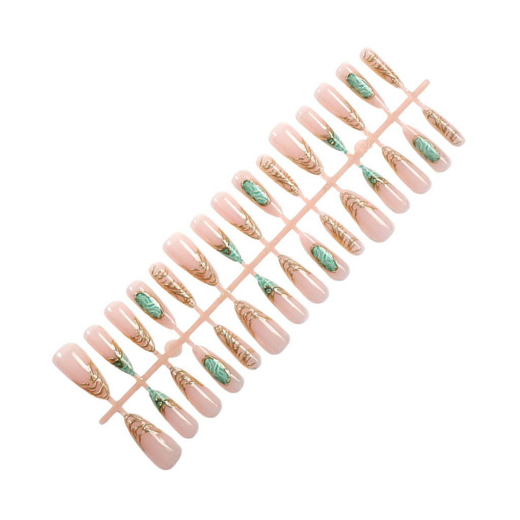 30PCS Glossy Nude Long Fake Nails with Green Pattern Prevailing Natural Look Press-On Nail Sets for Fingernail DIY Decoration