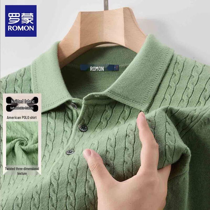 ROMON S Men's Long Sleeve Polo Knit Shirt