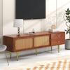 Estante de TV Elegante, Nogueira com Rattan Plástico Escuro, 2 Gavetas, 2 Portas Deslizantes de Rattan, 4 Compartimentos para Armazenamento, 160*40*60cm.