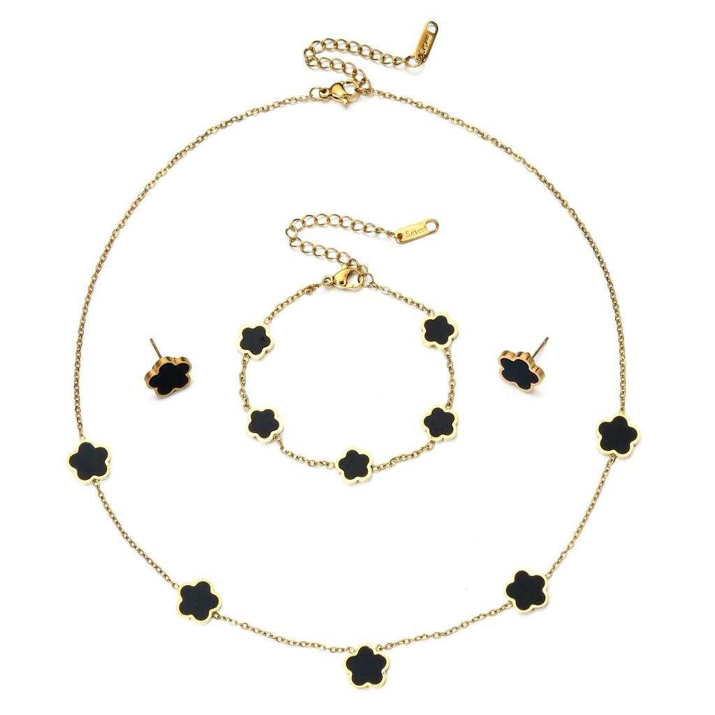 Conjunto de Joias de Aço Inoxidável Trevo de Quatro Folhas Inspirado em INS: Pulseira, Brincos de Pino e Colar para Mulheres