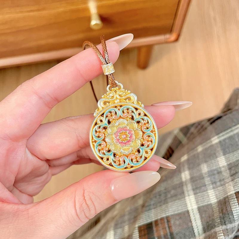 Peace Pendant with Gold-Plated Enamel Peony Flower and Six-Character Mantra, Palace-Style High-End Sweater Chain Long Necklace for Women