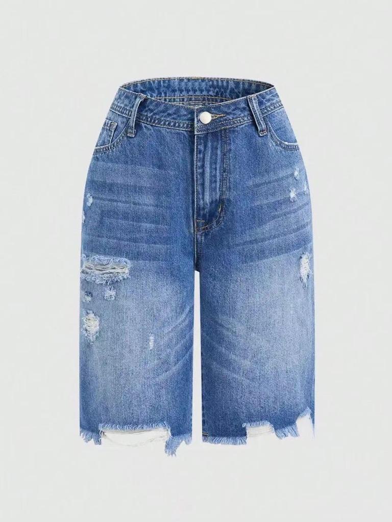 Women's Fashion Distressed Denim Bermuda Shorts - Casual Rip-Finish Five-Point Style