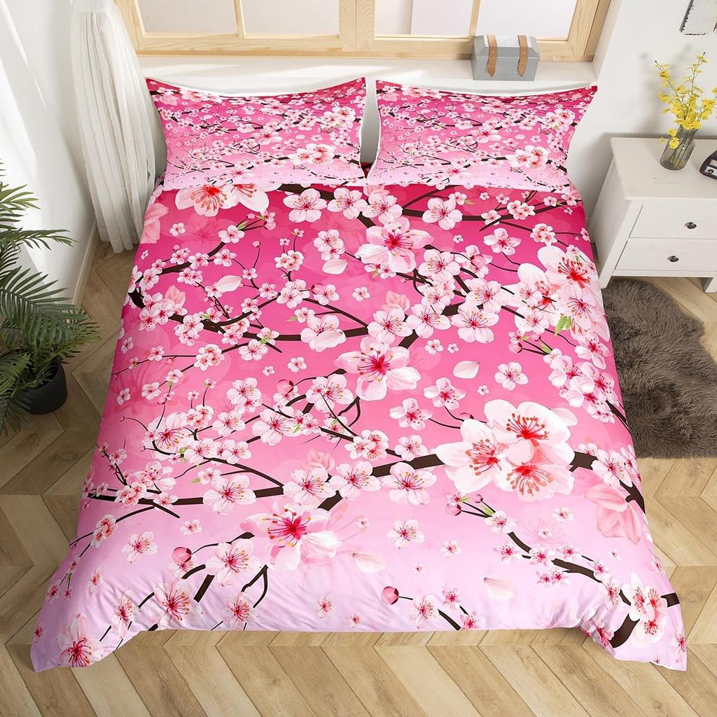 Pink Cherry Blossom Duvet Cover Twin King,Japanese Flowers Blossoms Romantic Floral Bedding Set,Farmhouse Petals Comforter Cover