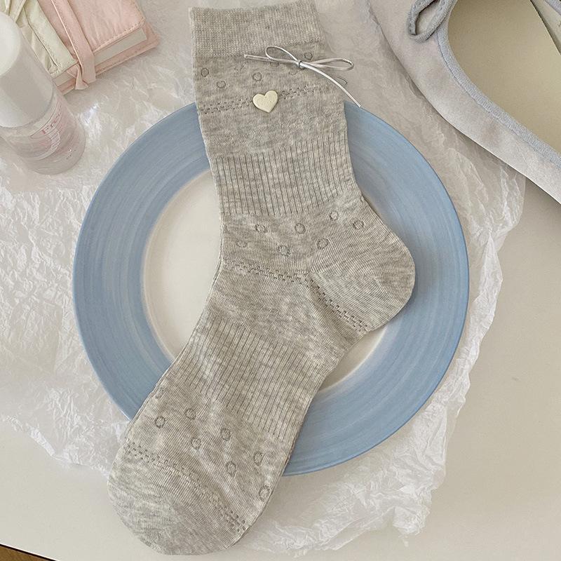 Grayish-white Socks, Women's Bow Mid-calf Socks, Summer Thin Mesh Hollowed-out Solid Color Versatile Pile Socks
