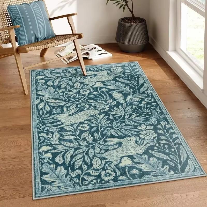 Wohnzimmerteppich Weiche Waschbare Teppiche für Esszimmer Vintage-Druck Grüne Schlafzimmerteppiche Fleckenbeständig Kaffeetisch Bodenschutzmatte
