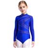 Girls Figure Skating Leotard Sparkling Rhinestones Sheer Mesh Long Sleeves Cutout Back Design Gymnastics Competition Costume