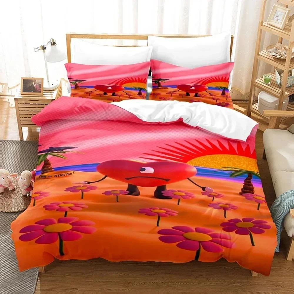 Set Copripiumino Stampa 3D Bad Bunny Un Verano Sin Ti Set Biancheria da Letto Pittura su Tela alla Moda Set Copripiumino Matrimoniale