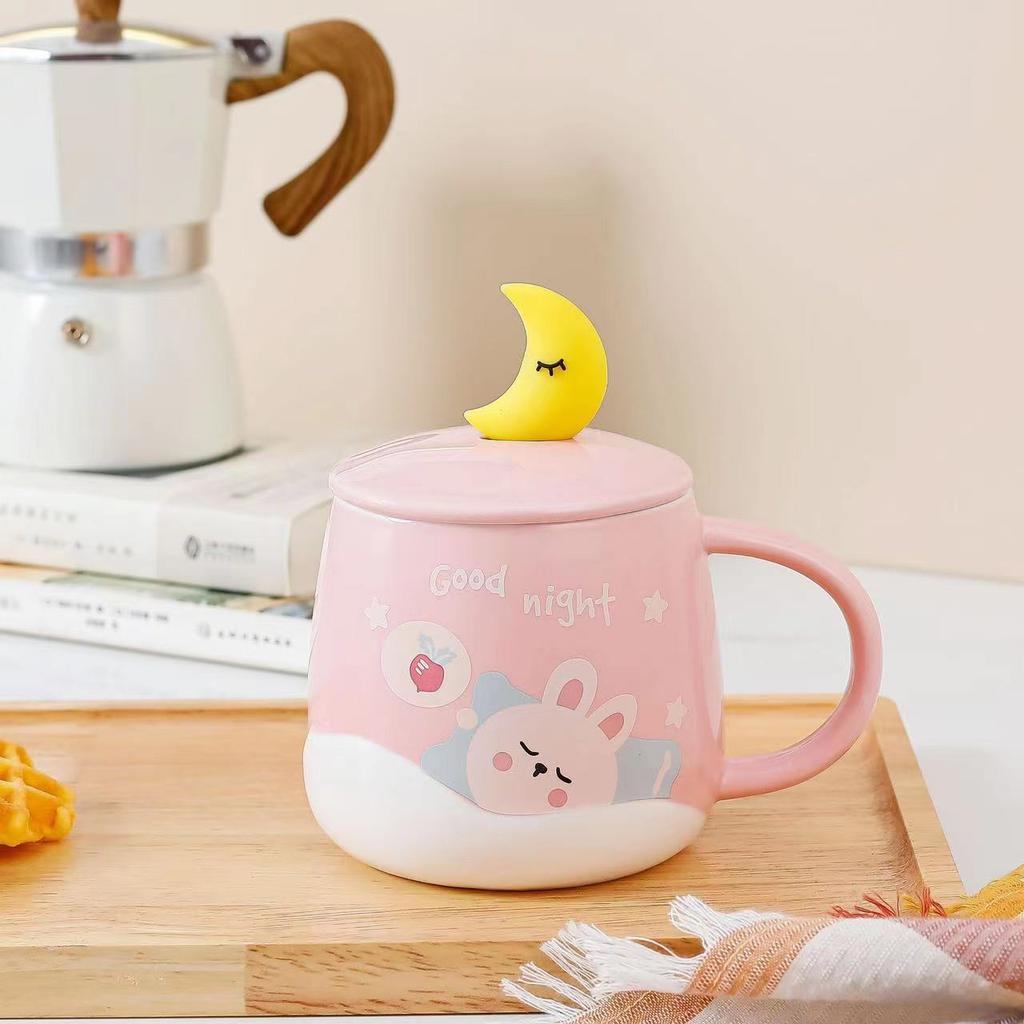 Cana de apă ceramică Model drăguț de desene animate cu capac cu linguriță lună Cană de cafea din sticlă pentru birou Rezistență la temperaturi înalte Uz casnic