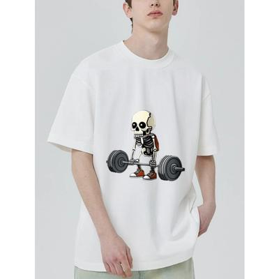 Crewneck T Shirt Black Skeleton Lifting Barbell Graphic Print Gym Fitness Workout Casual Wear