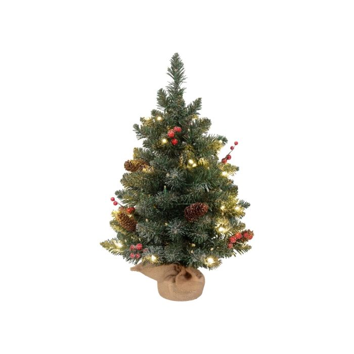 HOMCOM Sapin De Noël Avec Éclairage LED, 60 Cm, Pommes De Pin Et Baies Rouges, Support Inclus, Vert/blanc