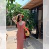 [Original practice + inner lining] Sweet French red plaid suspender dress for children's vacation wind fish tail long