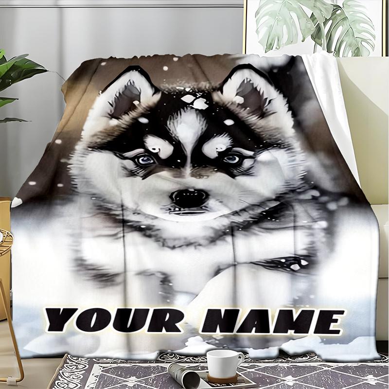 1PC Custom Name Winter Husky Paws outdooor Flannel blankets Throw Blanket All-Season Throw Gift Bedspread for Couch, Bed, Camping Holiday Birthda