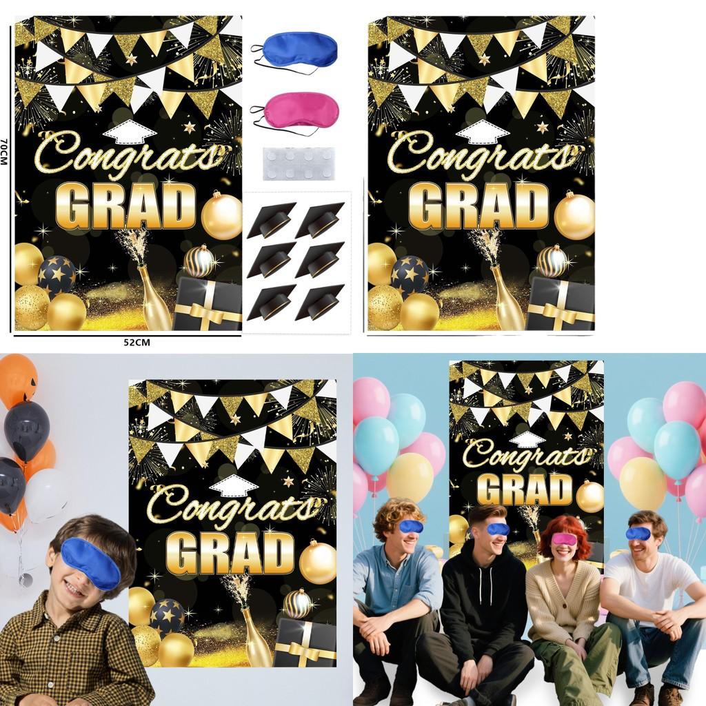 Black Gold Graduation Party Blindfold Game Poster Set Decor Stickers With