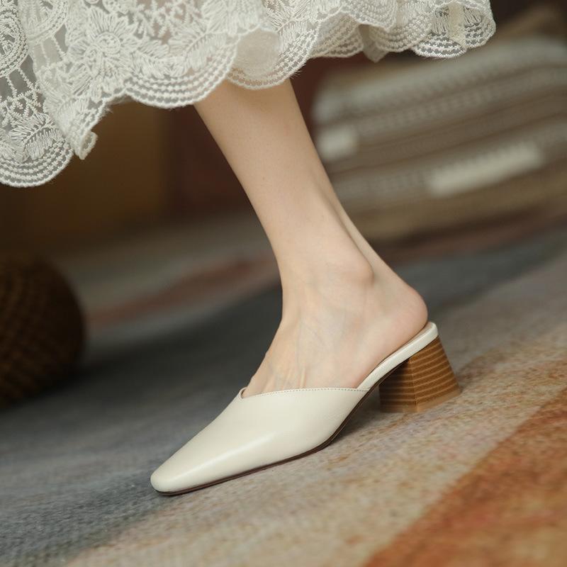Retro Thick Heel Half Slippers Women's Summer Middle Heel Versatile Square Head Cool Slippers Heeless Muller Shoes Outer Wear