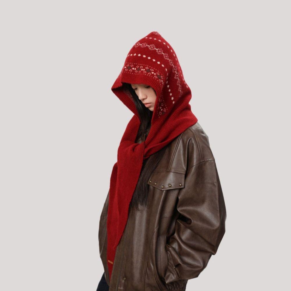 Fair Isle Style Ear Protection Hat Scarf Cap Winter Cap Warm Hooded Hat  Outdoor