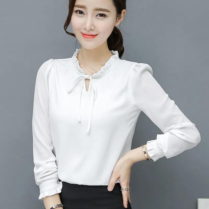 Frühling Herbst Frauen Chiffon Tops Büro Arbeit Weibliche Mode Shirts Stehen Neck Puff Langarm Blusen Rosa Weißes Hemd Top