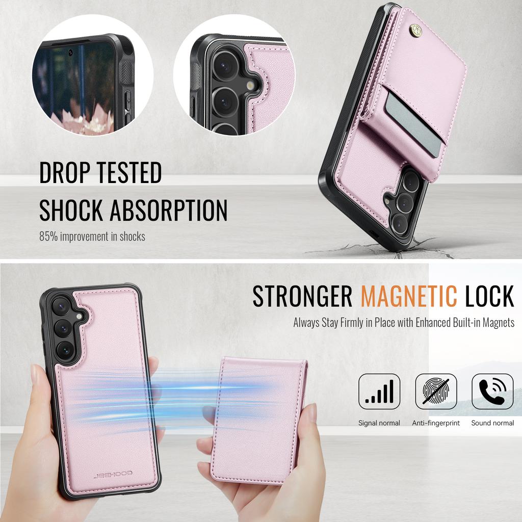 For Samsung Galaxy S25 FE Leather Back Cover JEEHOOD J06 Magnetic Phone Case with Card Bag RFID Blocking