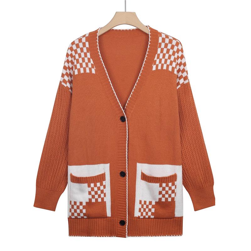 2026 Autumn/Winter Plus Size Plaid Knit Cardigan with Large Pockets for Women - Mid-Length, Long Sleeve Sweater Coat