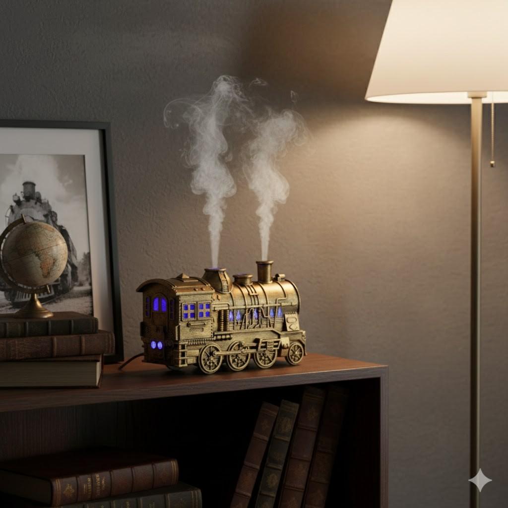 Vintage Locomotive Jellyfish Ring Spraying Ultrasonic Aromatherapy Machine with Dual Spray Ports Flame Essential Oil Small Train Humidifier