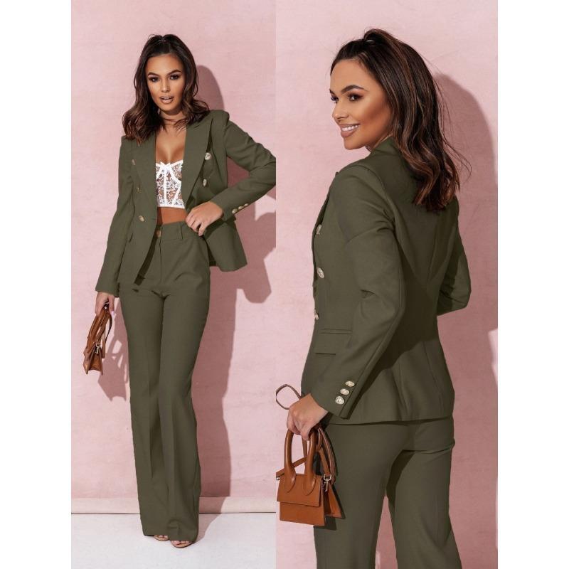 Ladies Solid Color Lapel Professional Suit Temperament Elegant Double-breasted Suits Women's Two-piece Set